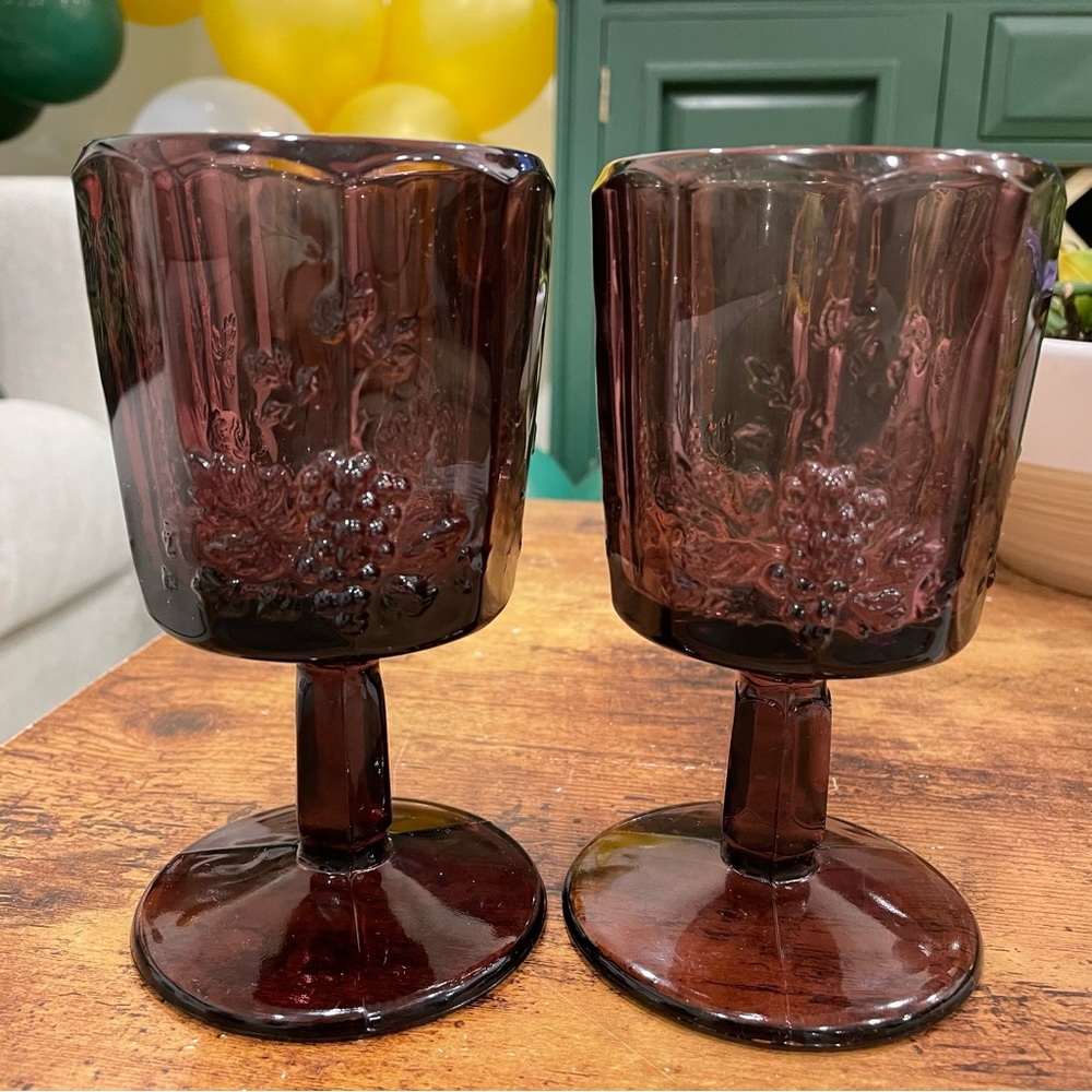 (2) Vintage LG Wright Panel Grape Amethyst Water Goblet Pressed Glass Purple